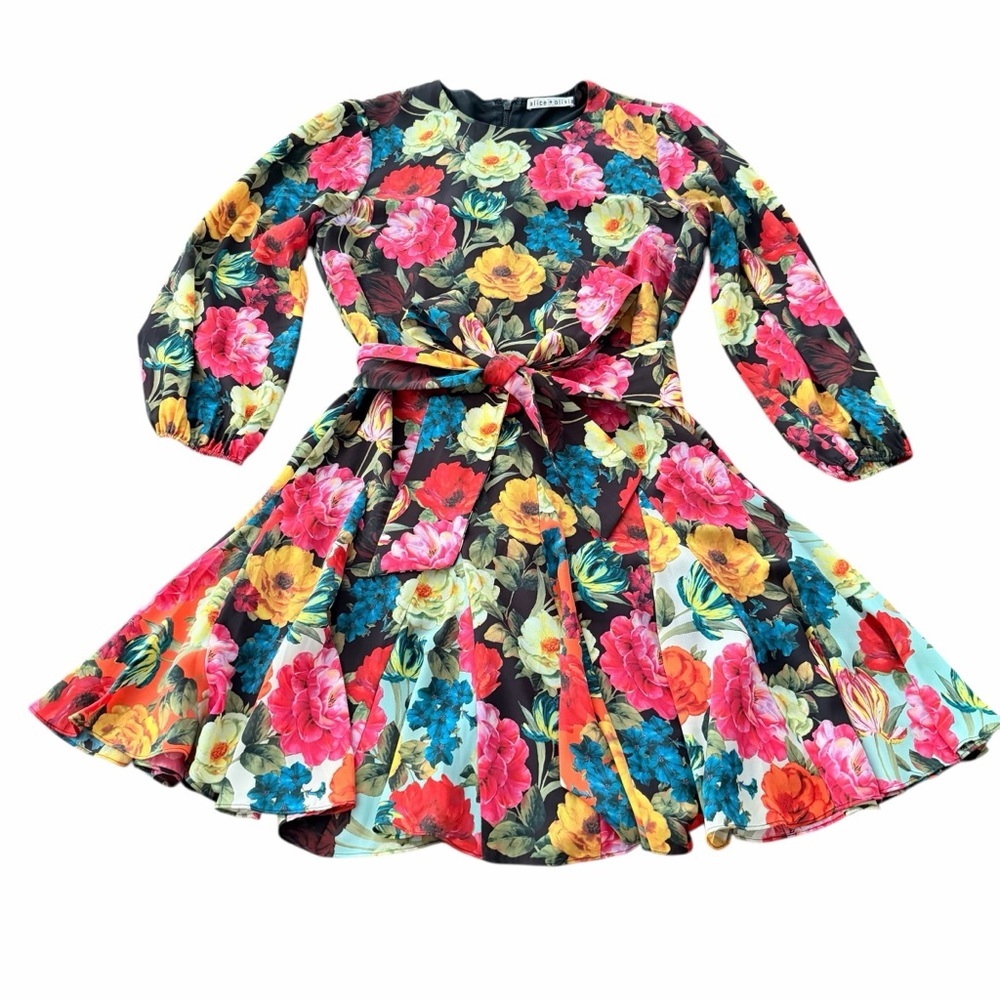 Alice + Olivia Women’s Mina Black Floral Tie-Waist Mini Dress Medium - Picture 4 of 10